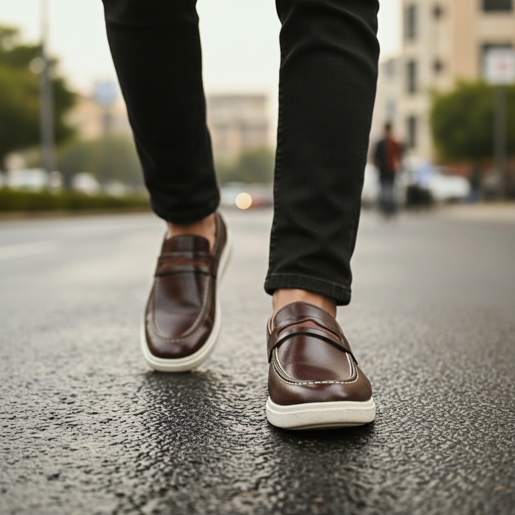 Premium Handcrafted Brown Hybrid Penny Loafer | Medicated Comfort Insole – Durable White Sneaker Sole